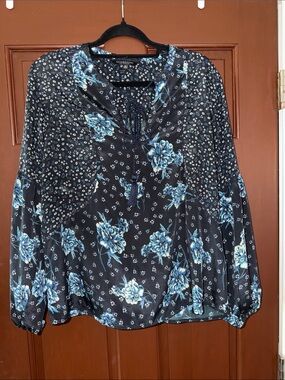 Liverpool Black Floral V-Neck Long Sleeve Blouse with Blue Blooms